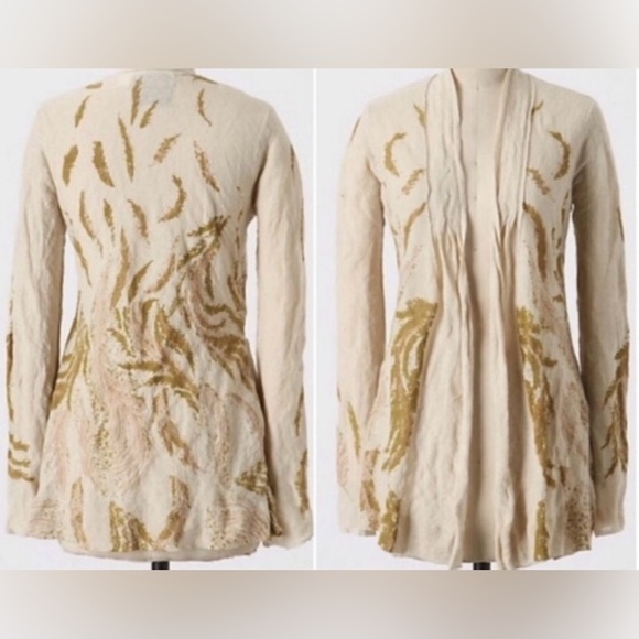 Anthropologie thin knit ecru gold metallic feather print open cardigan sweater M - Picture 8 of 11